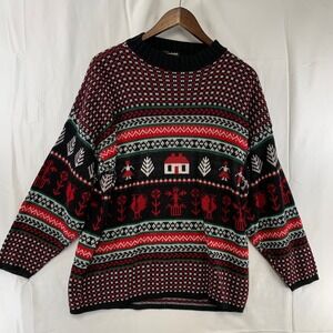 VTG Huntington Ridge Sweater Mens‎ L Black Red Nordic Folk Art Novelty Knit USA